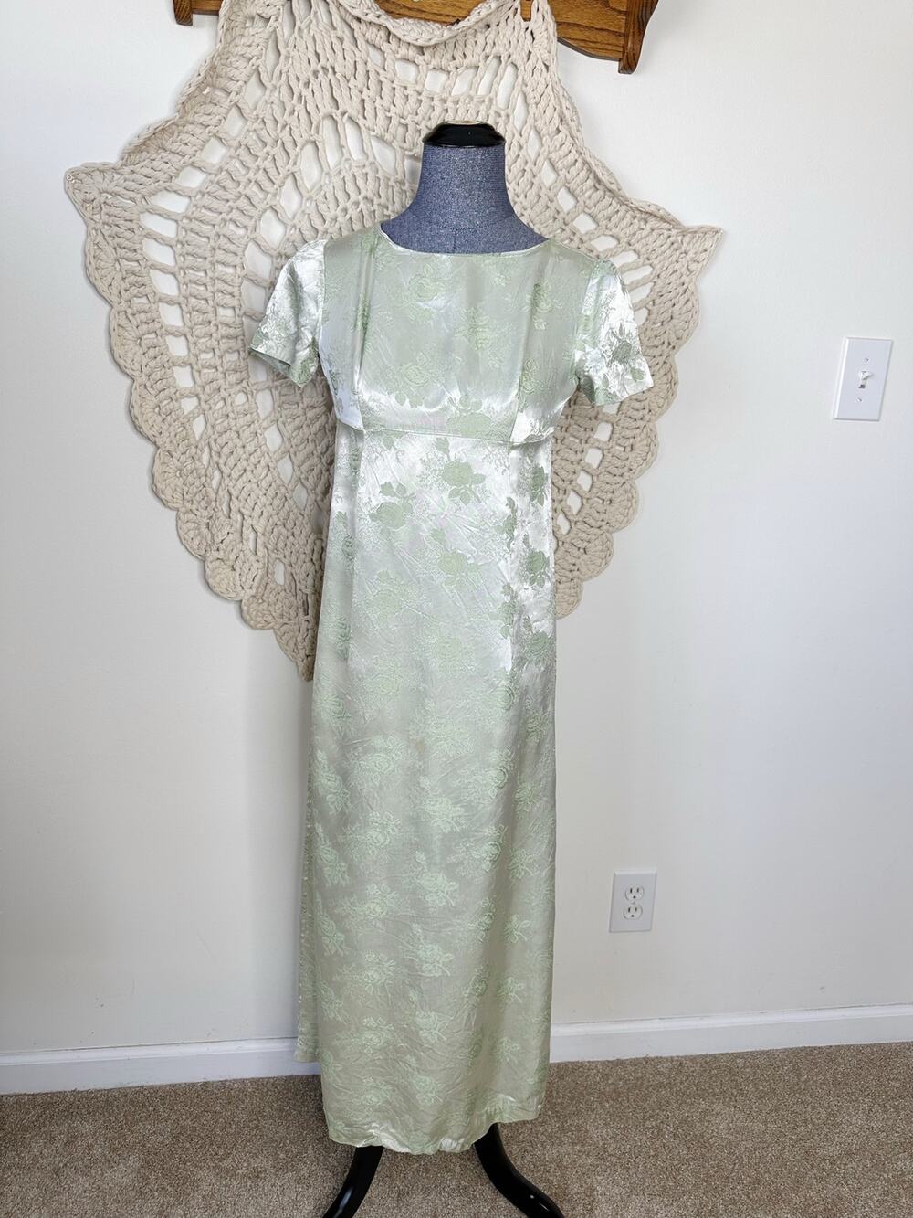 Handmade Vintage 60s Regency Style Green Satin Dress Size XS